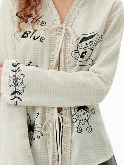 OuttheBlue Autumn Plaid Print Cat Teatime V-neck T-shirt Long Sleeve
