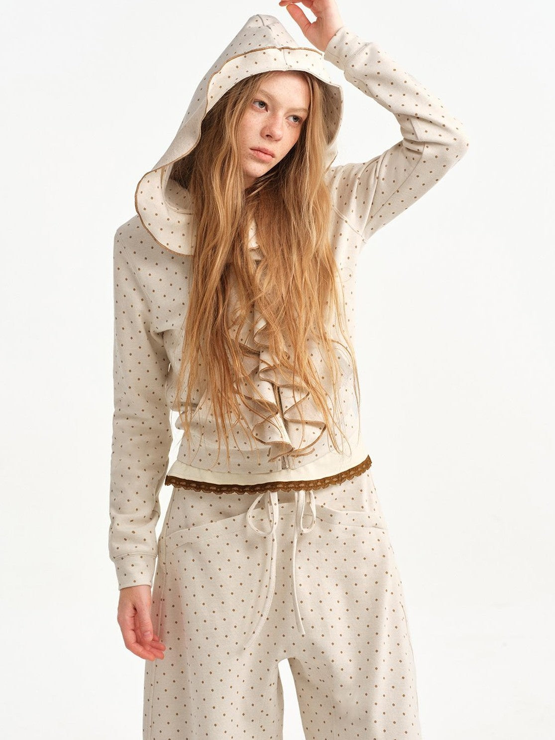 OuttheBlue Beige Polka Dot Ruffle Trim Slim Fit Women&