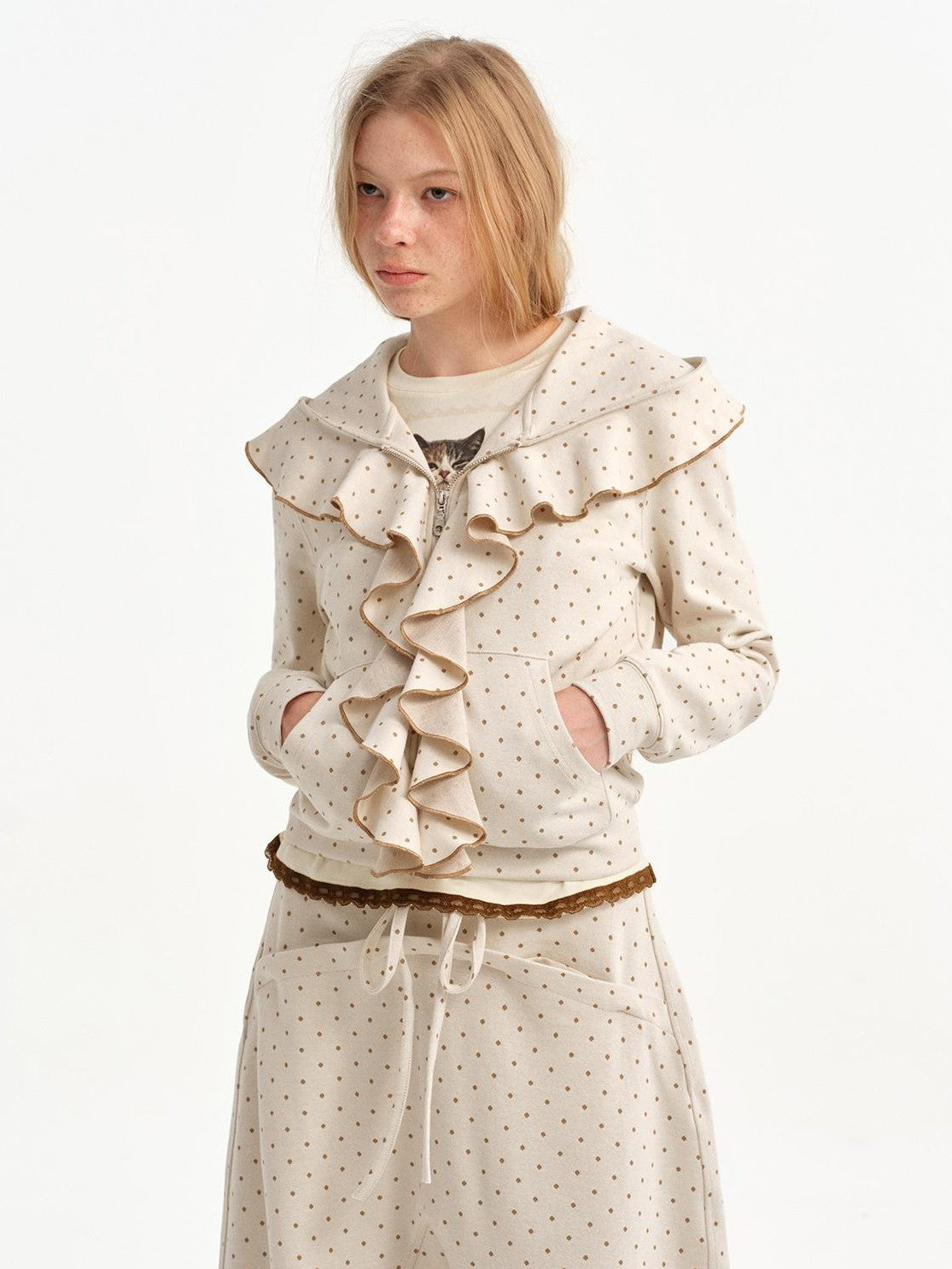 OuttheBlue Beige Polka Dot Ruffle Trim Slim Fit Women&