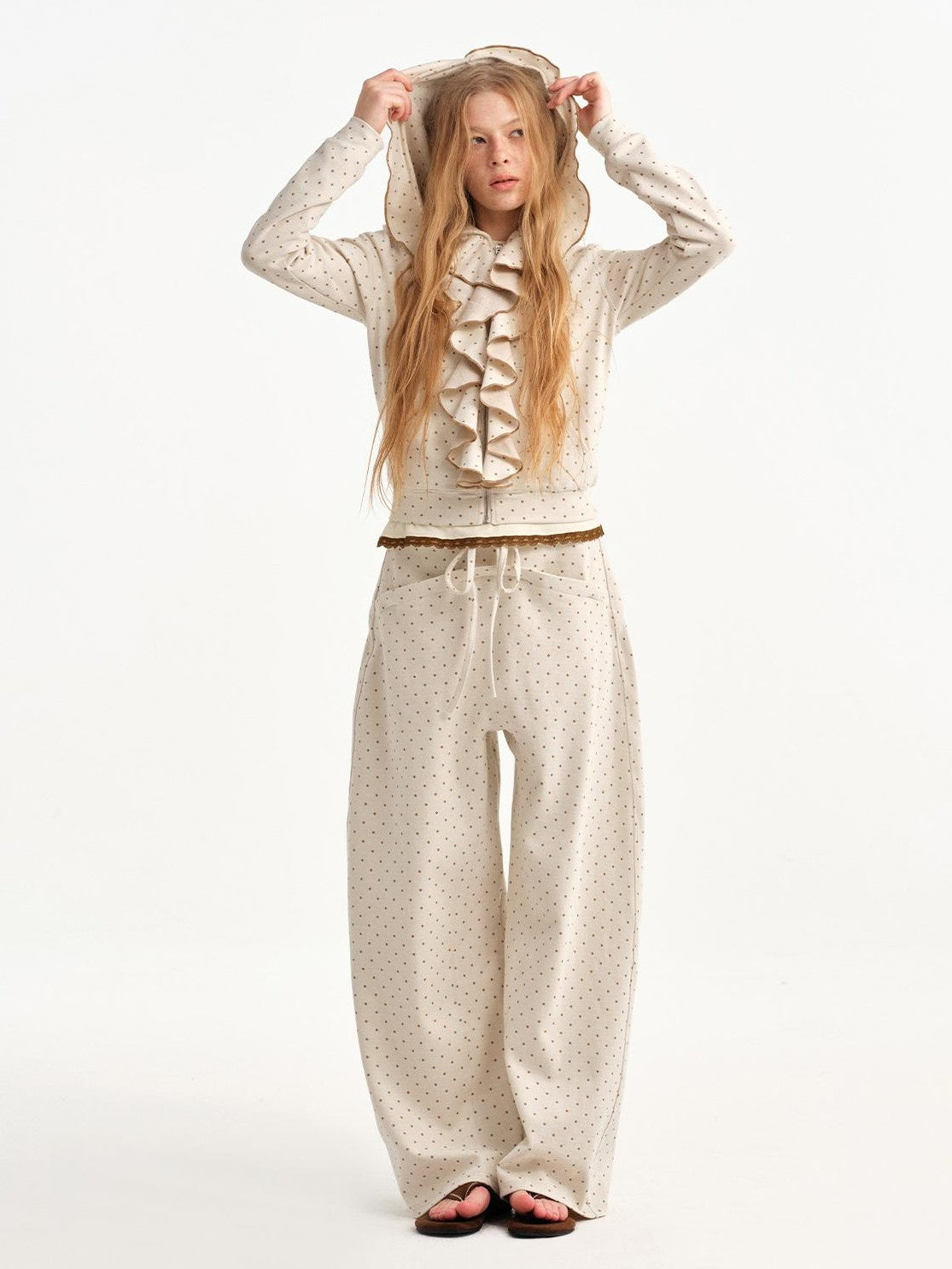OuttheBlue Beige Polka Dot Ruffle Trim Slim Fit Women&