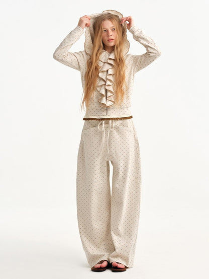 OuttheBlue Beige Polka Dot Ruffle Trim Slim Fit Women&