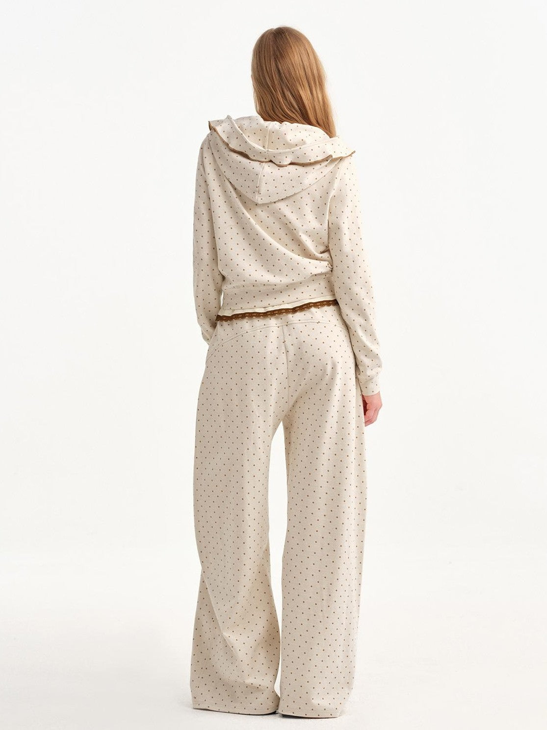 OuttheBlue Beige Polka Dot Ruffle Trim Slim Fit Women&