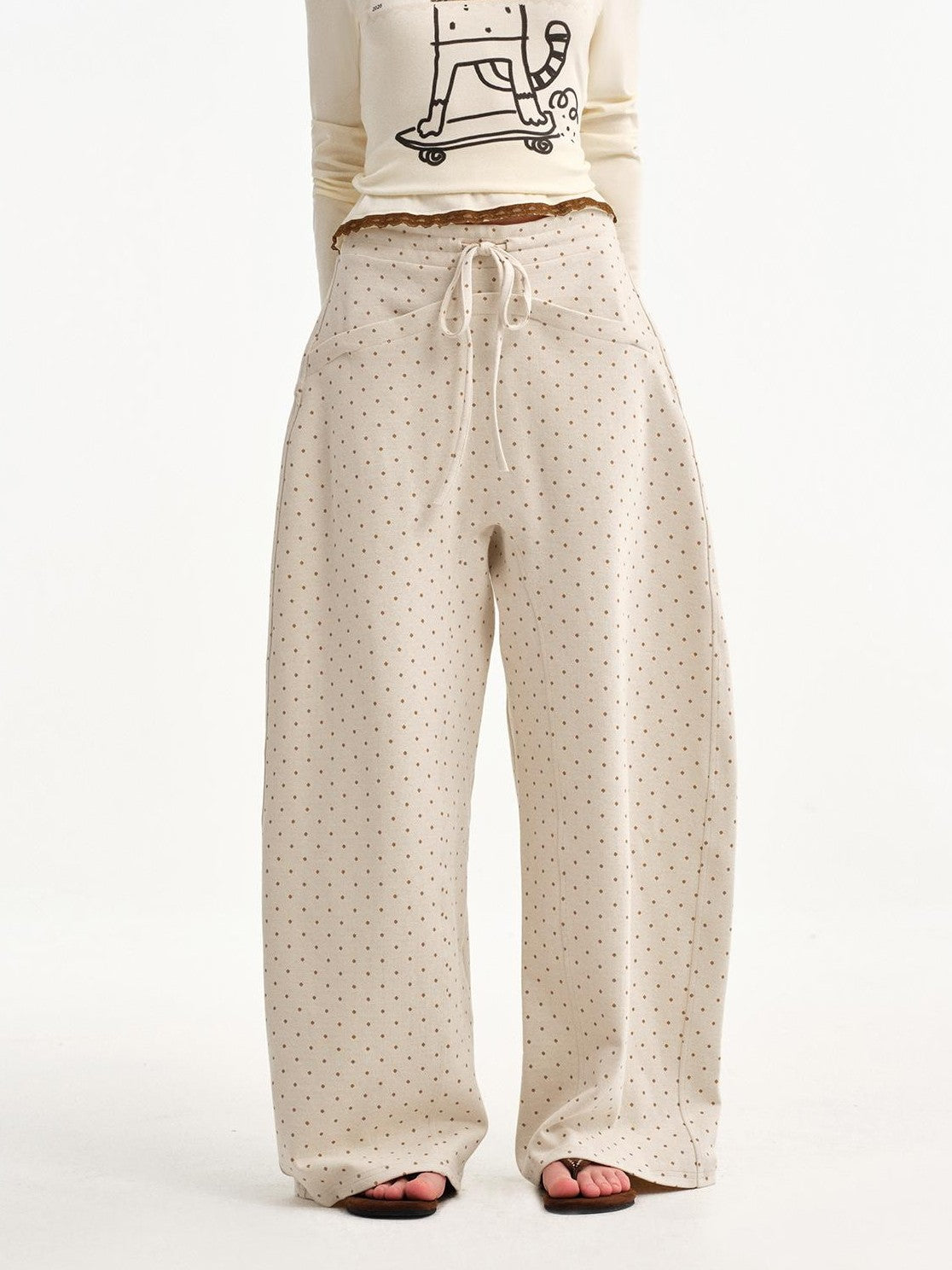 OuttheBlue Beige Polka Dot Ruffle Trim Slim Fit Women&