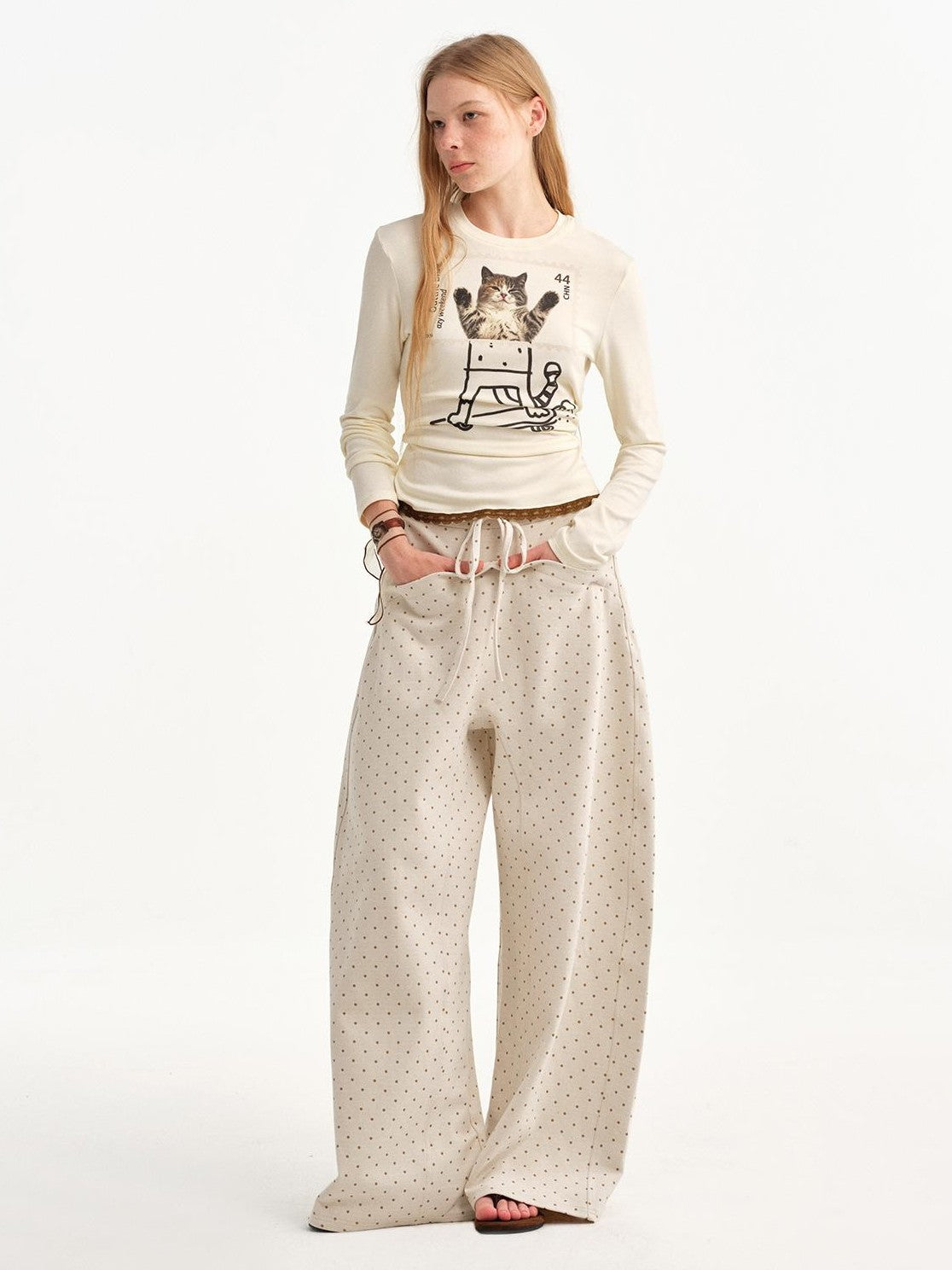 OuttheBlue Beige Polka Dot Ruffle Trim Slim Fit Women&