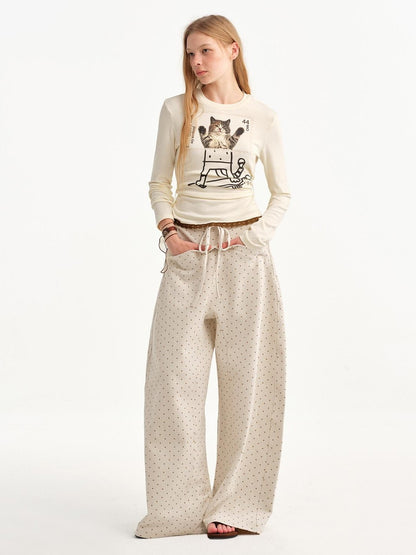 OuttheBlue Beige Polka Dot Ruffle Trim Slim Fit Women&