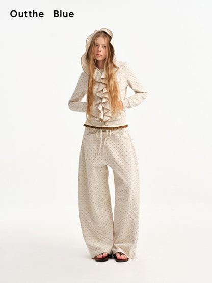 OuttheBlue Beige Polka Dot Ruffle Trim Slim Fit Women&