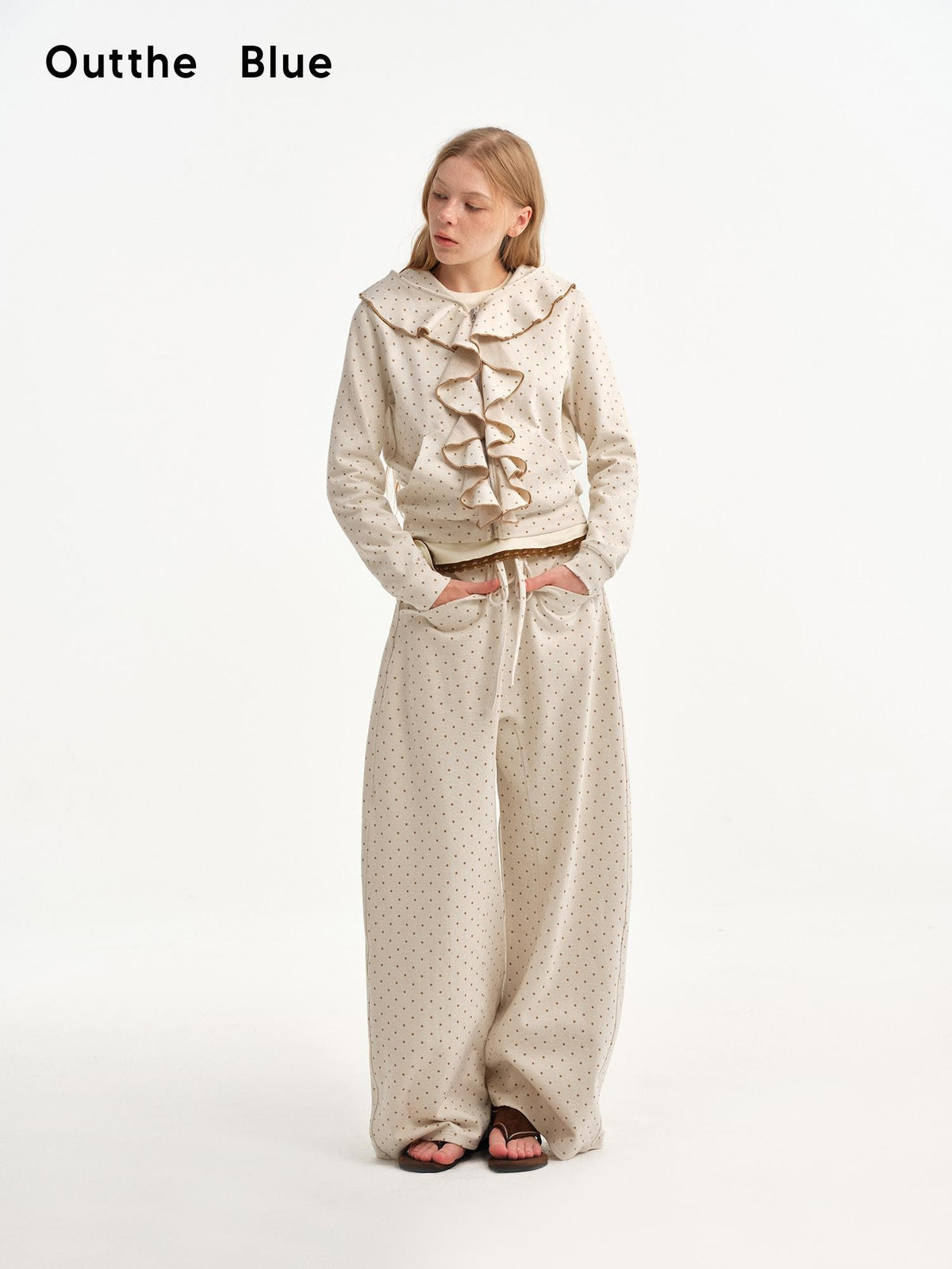 OuttheBlue Beige Polka Dot Ruffle Trim Slim Fit Women&