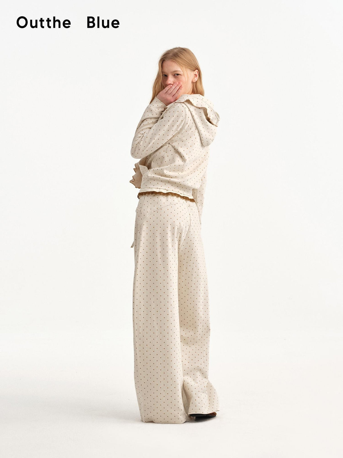 OuttheBlue Beige Polka Dot Ruffle Trim Slim Fit Women&