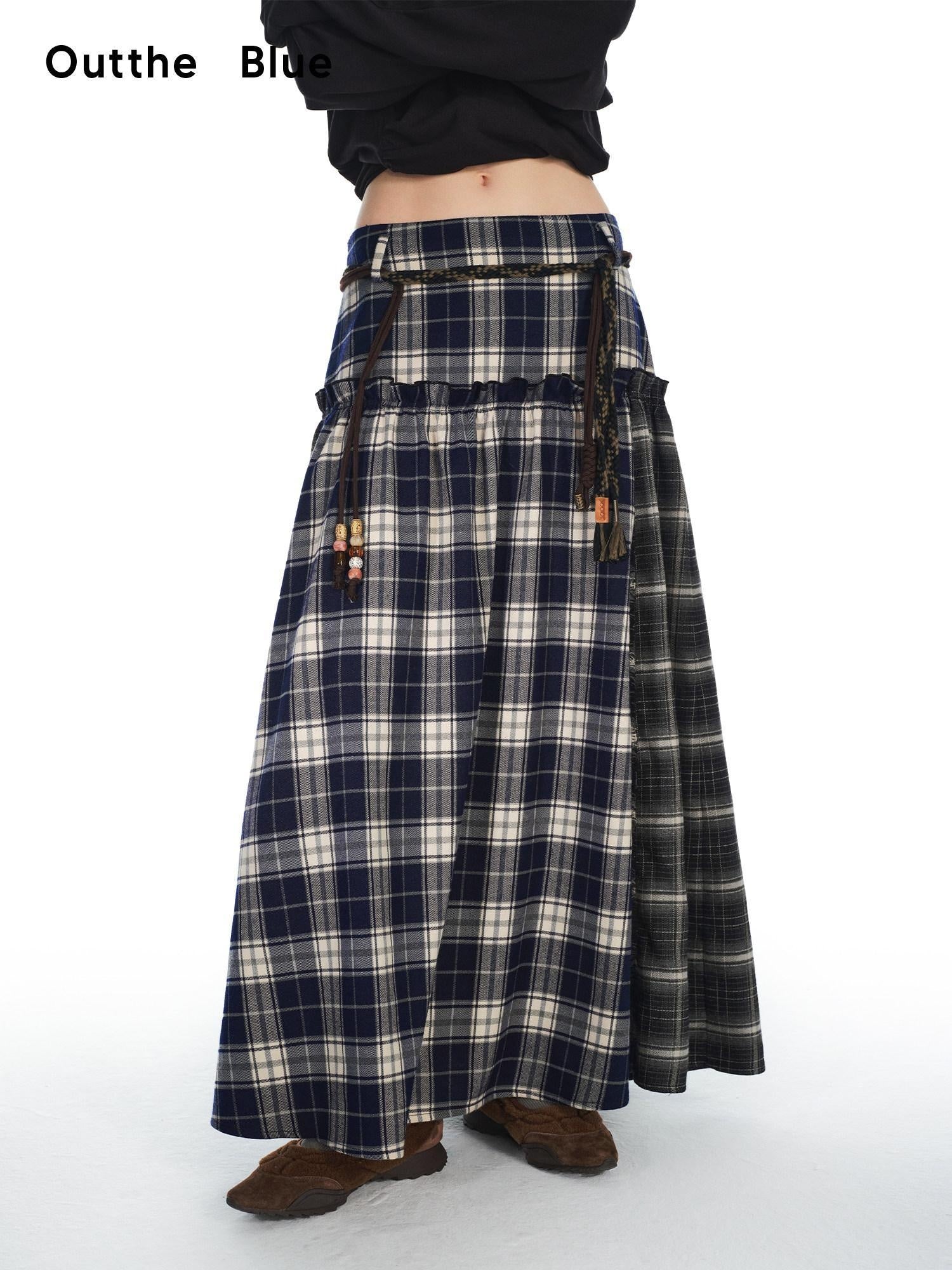 OuttheBlue Belted Plaid A Line Midi Office Chic Polyester Stretch Blue Black Maxi Skirts