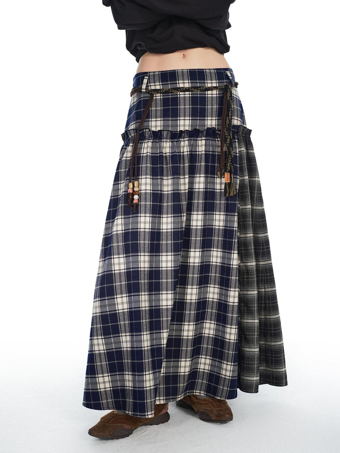 OuttheBlue Belted Plaid A Line Midi Office Chic Polyester Stretch Blue Black Maxi Skirts