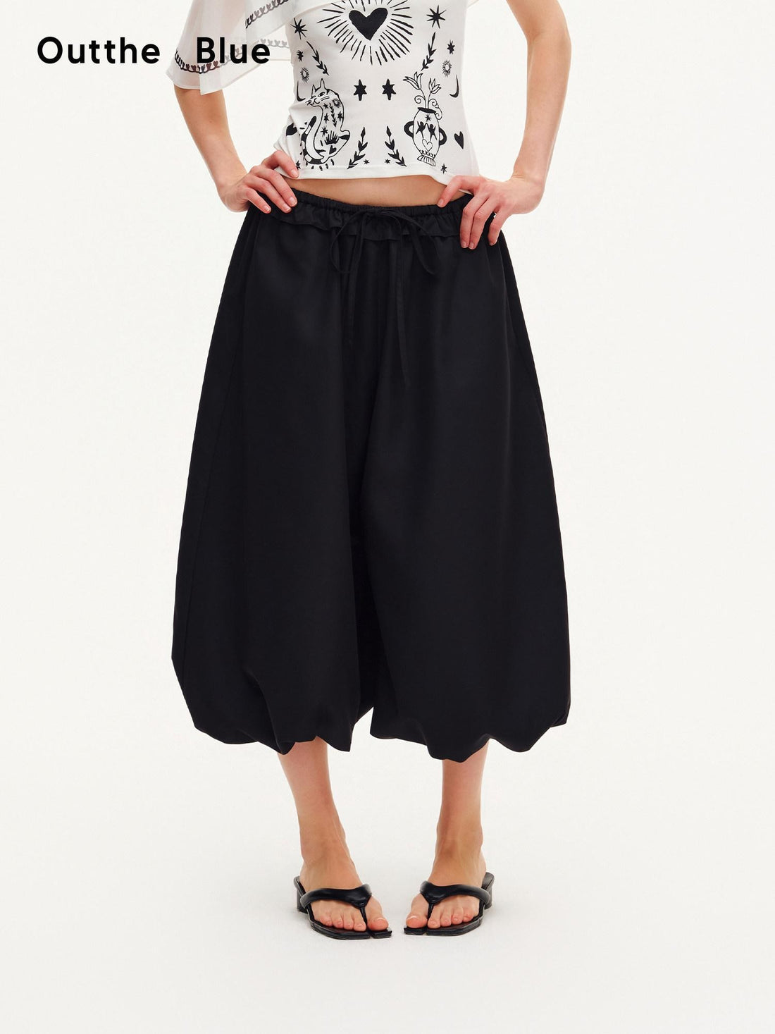 OuttheBlue Black Ruffle Waist Airy Cropped Lantern Women&