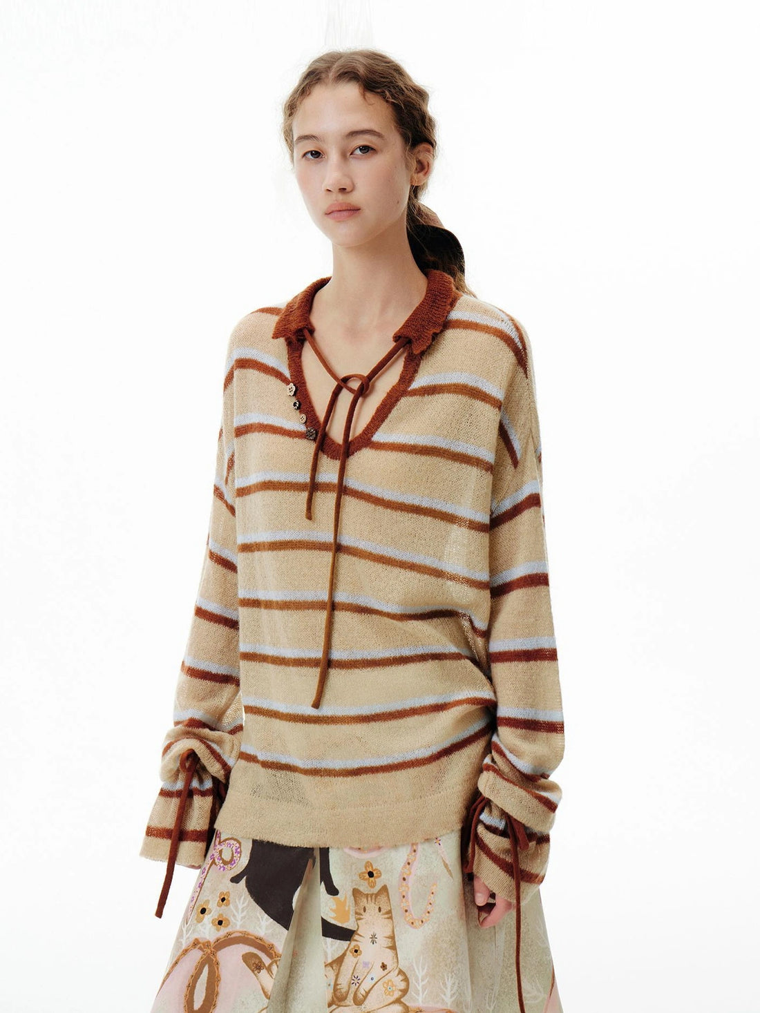 OuttheBlue Blue Brown Striped V-neck Cardigan