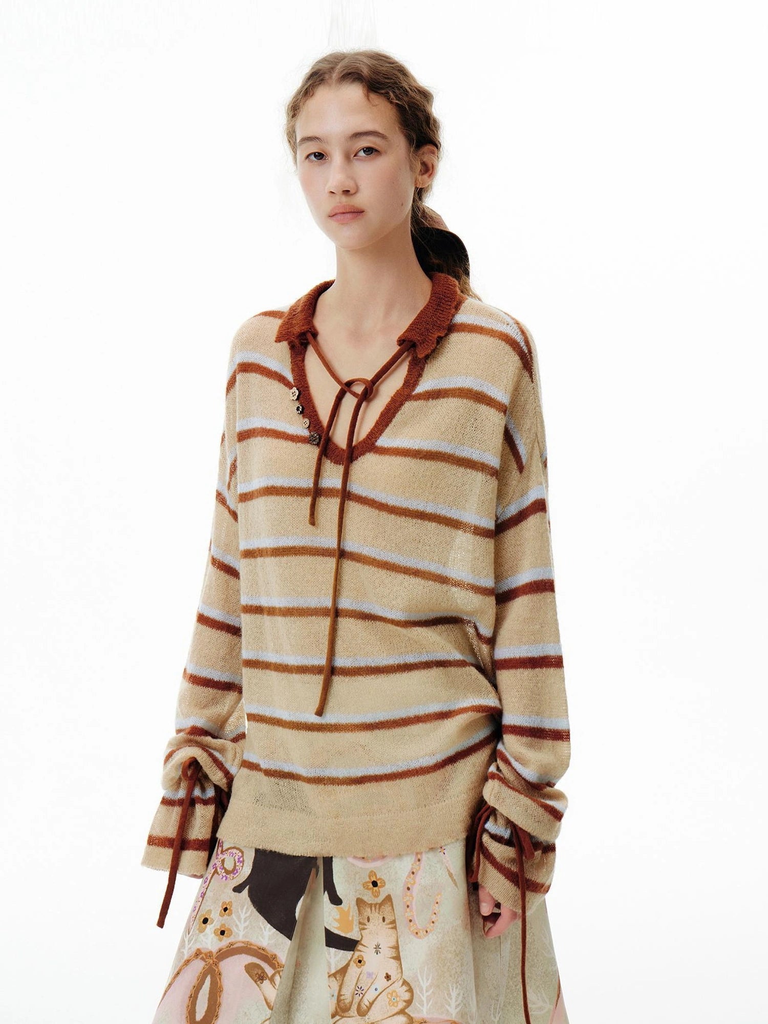 OuttheBlue Blue Brown Striped V-neck Cardigan