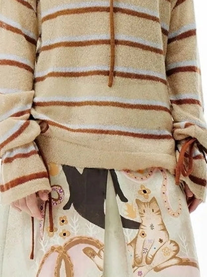 OuttheBlue Blue Brown Striped V-neck Cardigan