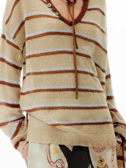 OuttheBlue Blue Brown Striped V-neck Cardigan