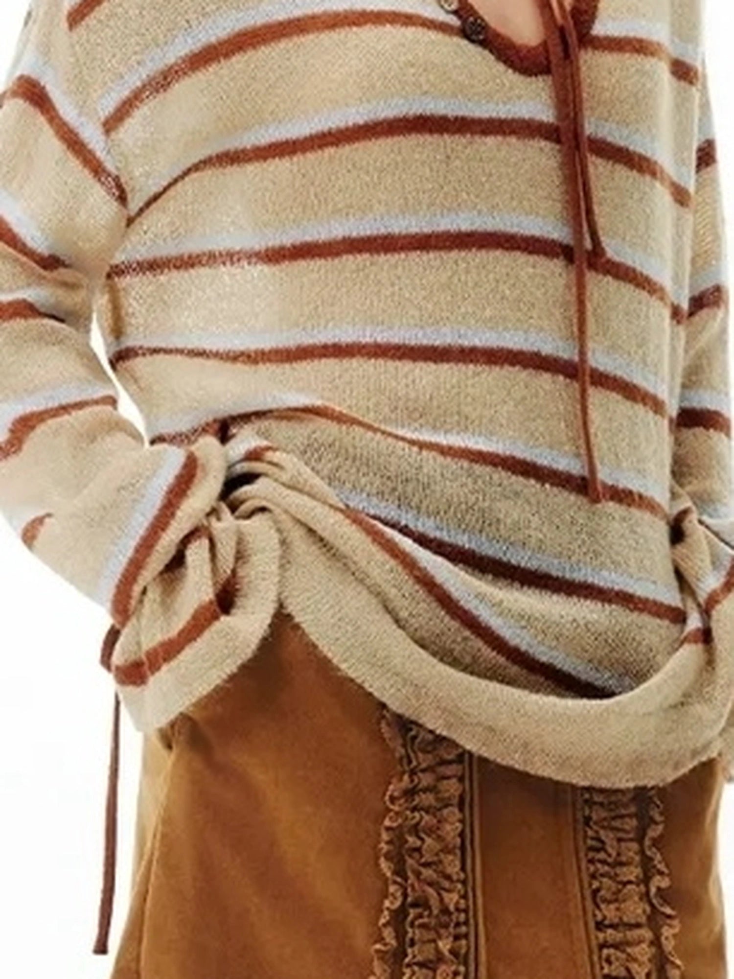 OuttheBlue Blue Brown Striped V-neck Cardigan