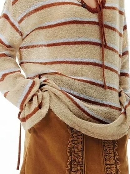 OuttheBlue Blue Brown Striped V-neck Cardigan