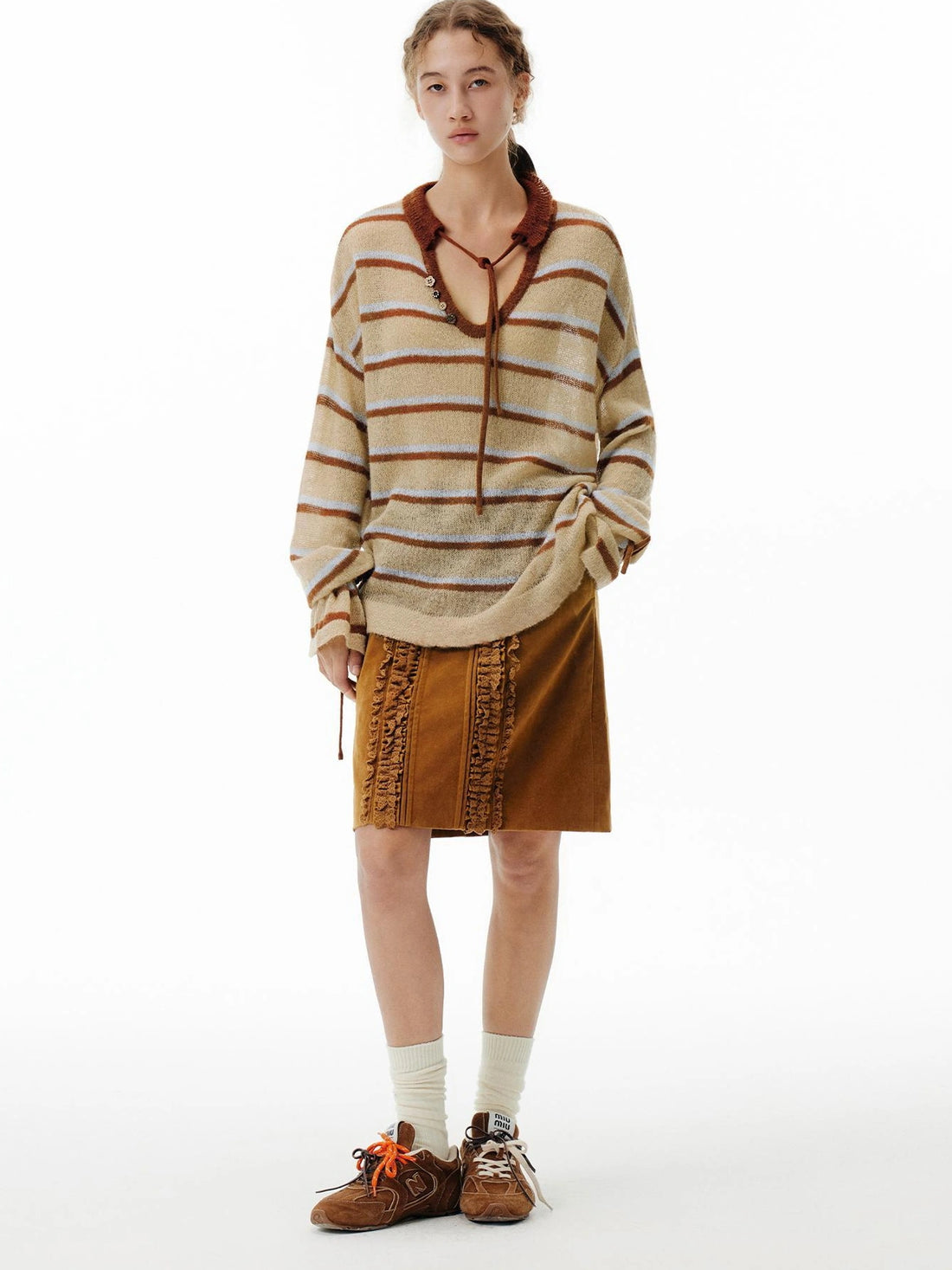 OuttheBlue Blue Brown Striped V-neck Cardigan