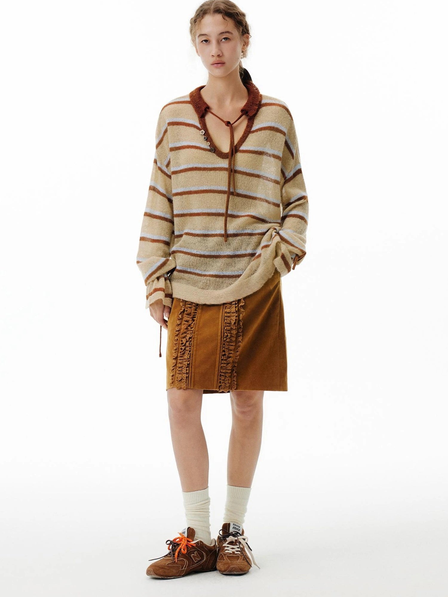 OuttheBlue Blue Brown Striped V-neck Cardigan