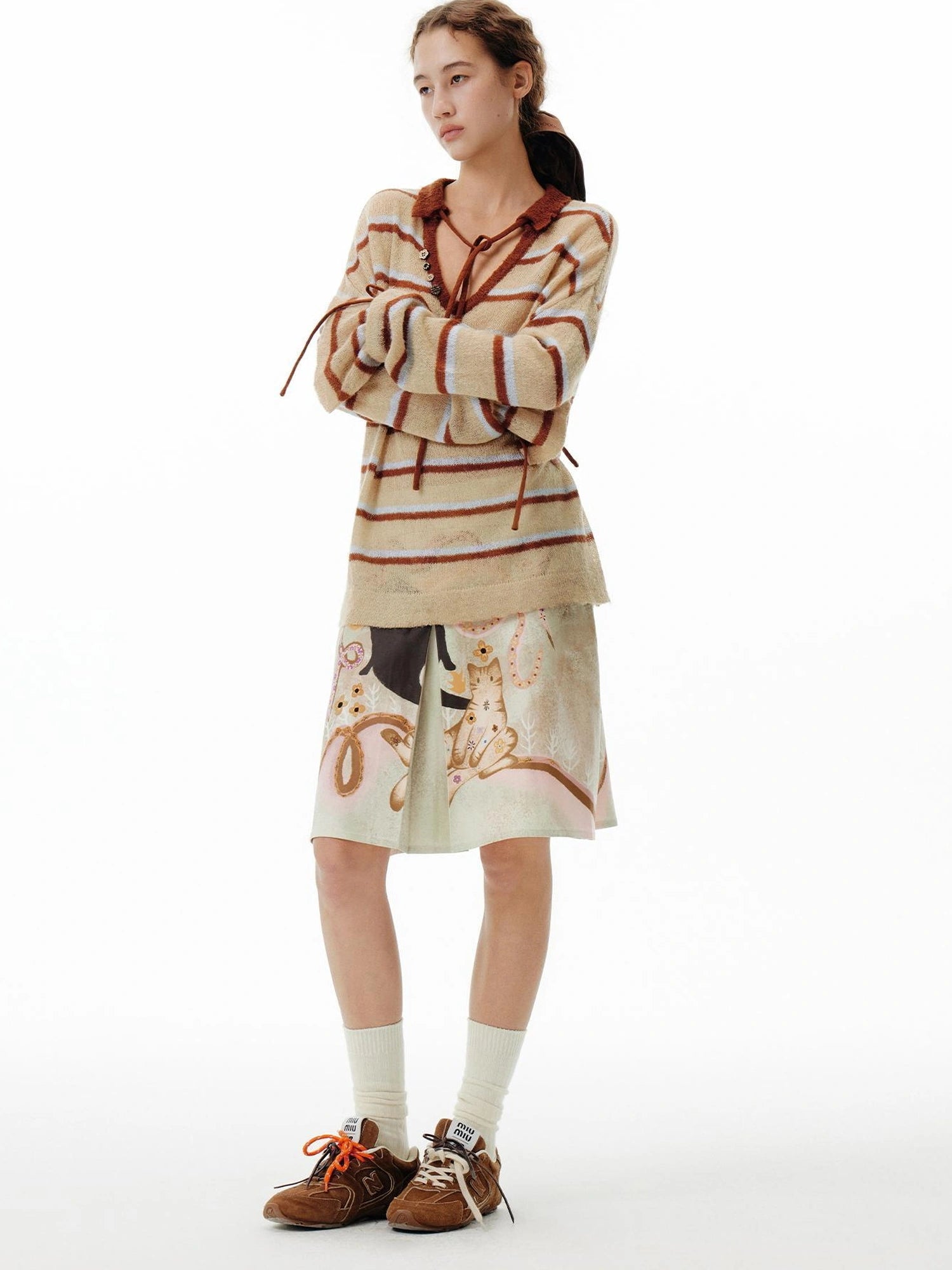 OuttheBlue Blue Brown Striped V-neck Cardigan