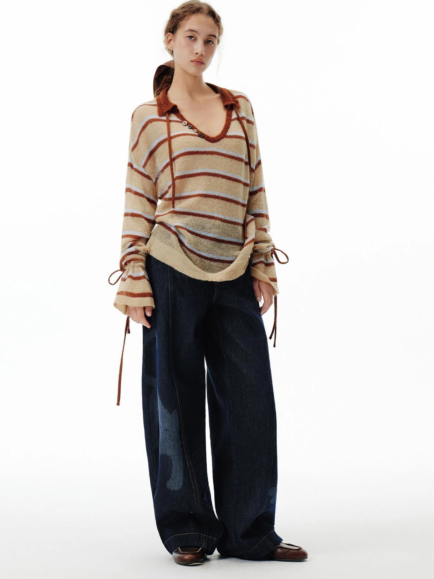 OuttheBlue Blue Brown Striped V-neck Cardigan