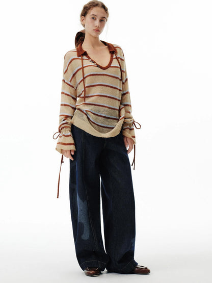 OuttheBlue Blue Brown Striped V-neck Cardigan