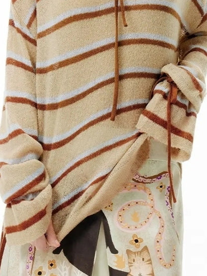 OuttheBlue Blue Brown Striped V-neck Cardigan