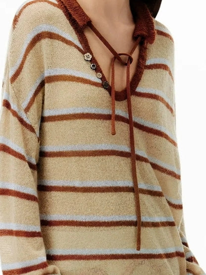 OuttheBlue Blue Brown Striped V-neck Cardigan