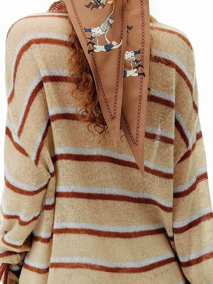 OuttheBlue Blue Brown Striped V-neck Cardigan