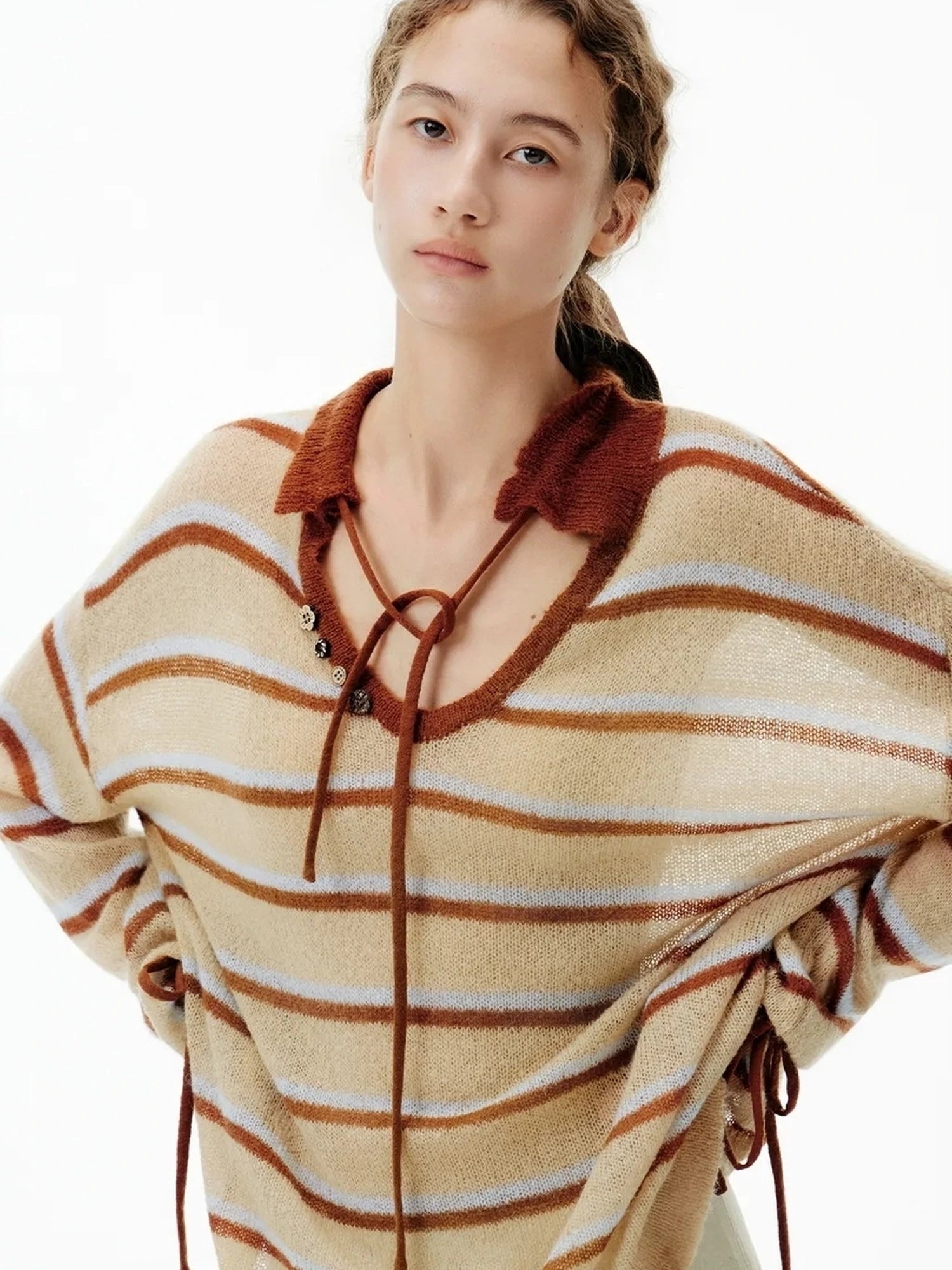 OuttheBlue Blue Brown Striped V-neck Cardigan