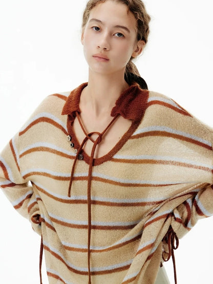 OuttheBlue Blue Brown Striped V-neck Cardigan