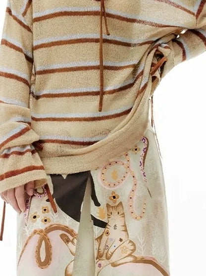 OuttheBlue Blue Brown Striped V-neck Cardigan