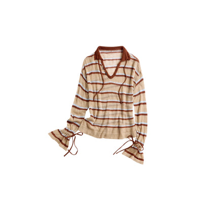 OuttheBlue_Blue_Brown_Striped_V-neck_Cardigan_MISSTT