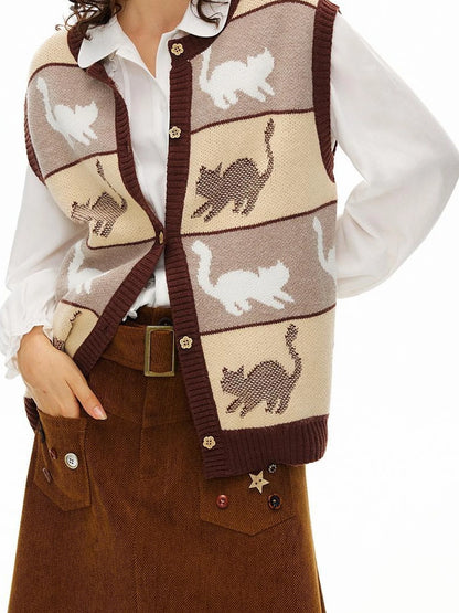 OuttheBlue Blue Cat Waltz Knit Vest V-neck T-shirt Long Sleeve