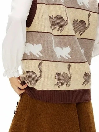 OuttheBlue Blue Cat Waltz Knit Vest V-neck T-shirt Long Sleeve