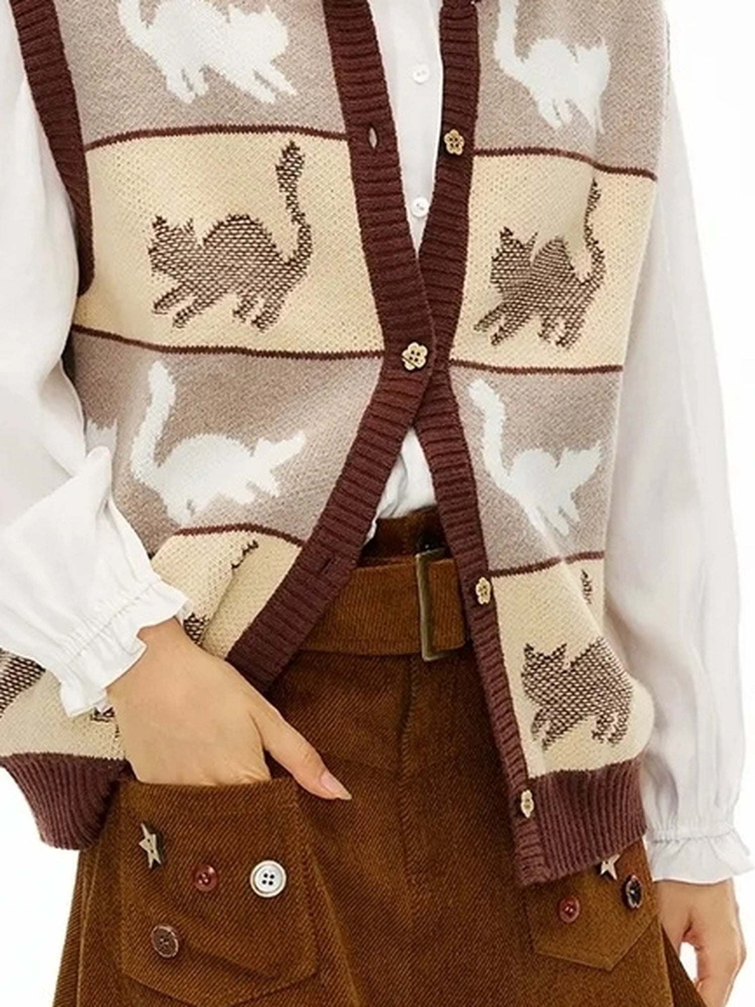 OuttheBlue Blue Cat Waltz Knit Vest V-neck T-shirt Long Sleeve