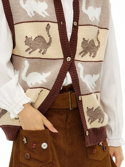 OuttheBlue Blue Cat Waltz Knit Vest V-neck T-shirt Long Sleeve