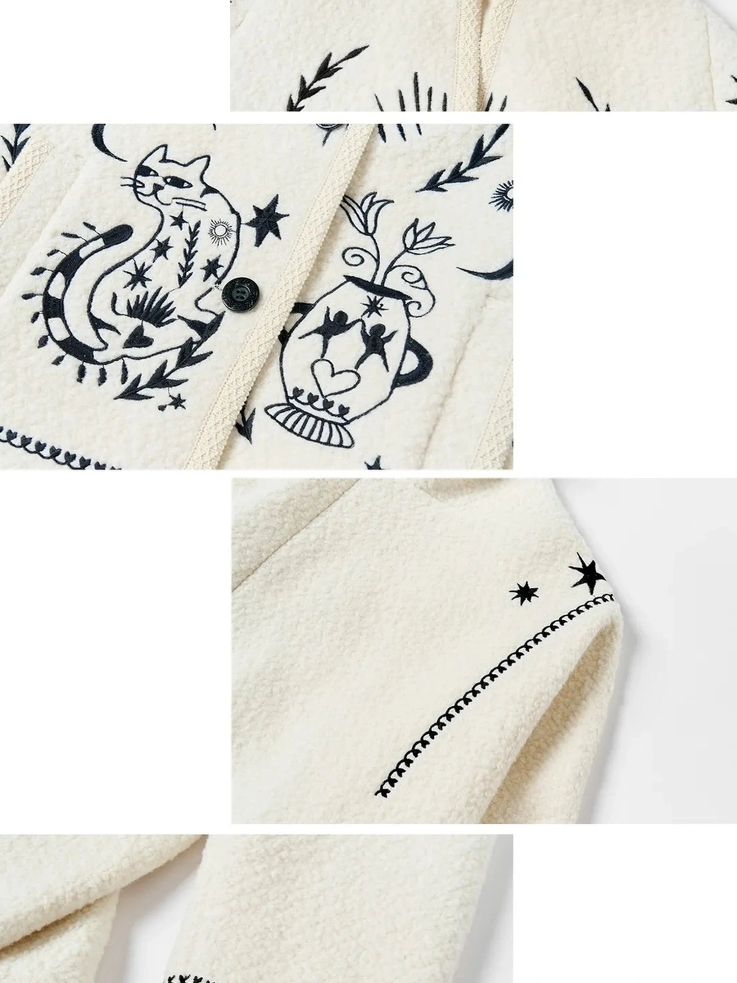 OuttheBlue Blue Moon Cat Embroidered Wool Blend Coat V-neck T-shirt Long Sleeve