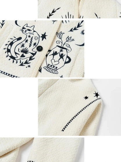 OuttheBlue Blue Moon Cat Embroidered Wool Blend Coat V-neck T-shirt Long Sleeve