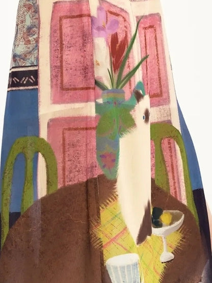 OuttheBlue Blue Mural Cat Print Split Maxi Skirt