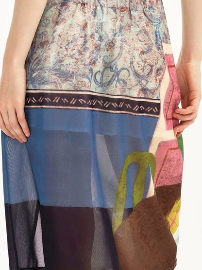 OuttheBlue Blue Mural Cat Print Split Maxi Skirt