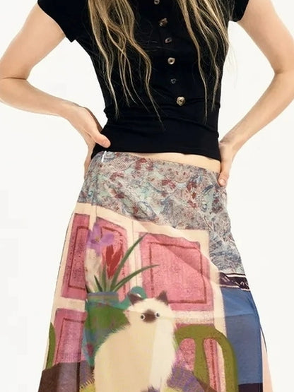 OuttheBlue Blue Mural Cat Print Split Maxi Skirt