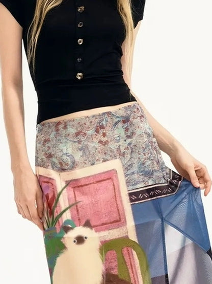 OuttheBlue Blue Mural Cat Print Split Maxi Skirt
