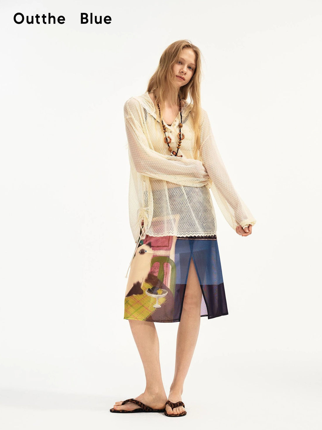 OuttheBlue Blue Mural Cat Print Split Maxi Skirt