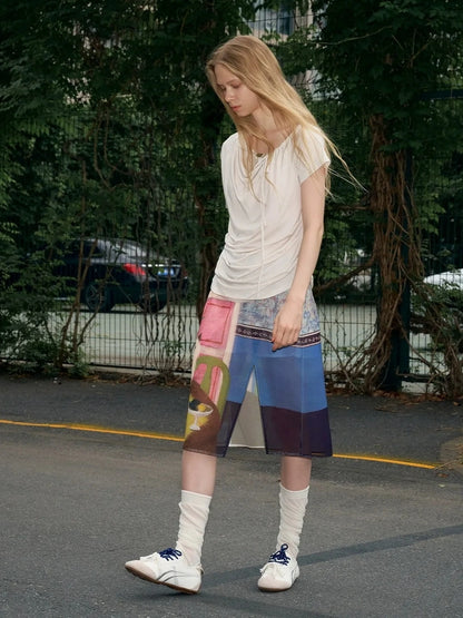 OuttheBlue Blue Mural Cat Print Split Maxi Skirt