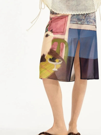 OuttheBlue Blue Mural Cat Print Split Maxi Skirt
