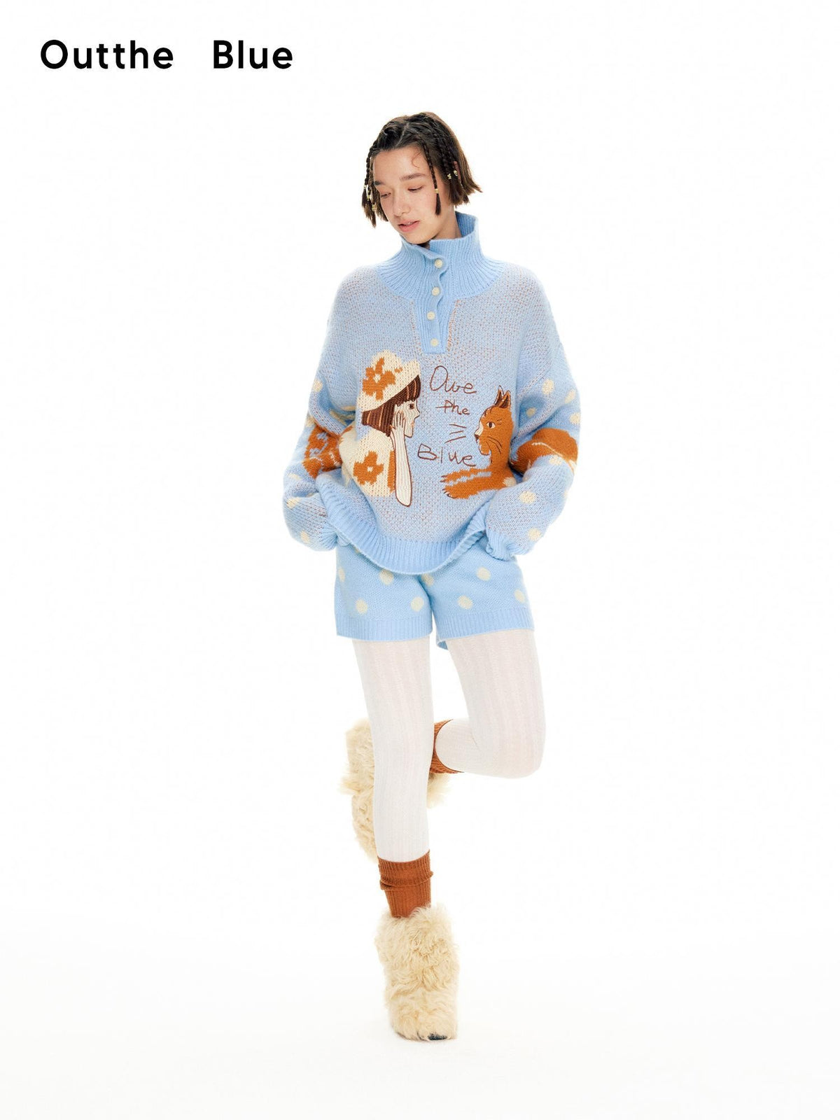 OuttheBlue Blue Polka Dot Color Block Turtleneck Wool Knit Women&