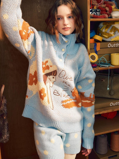 OuttheBlue Blue Polka Dot Color Block Turtleneck Wool Knit Women&