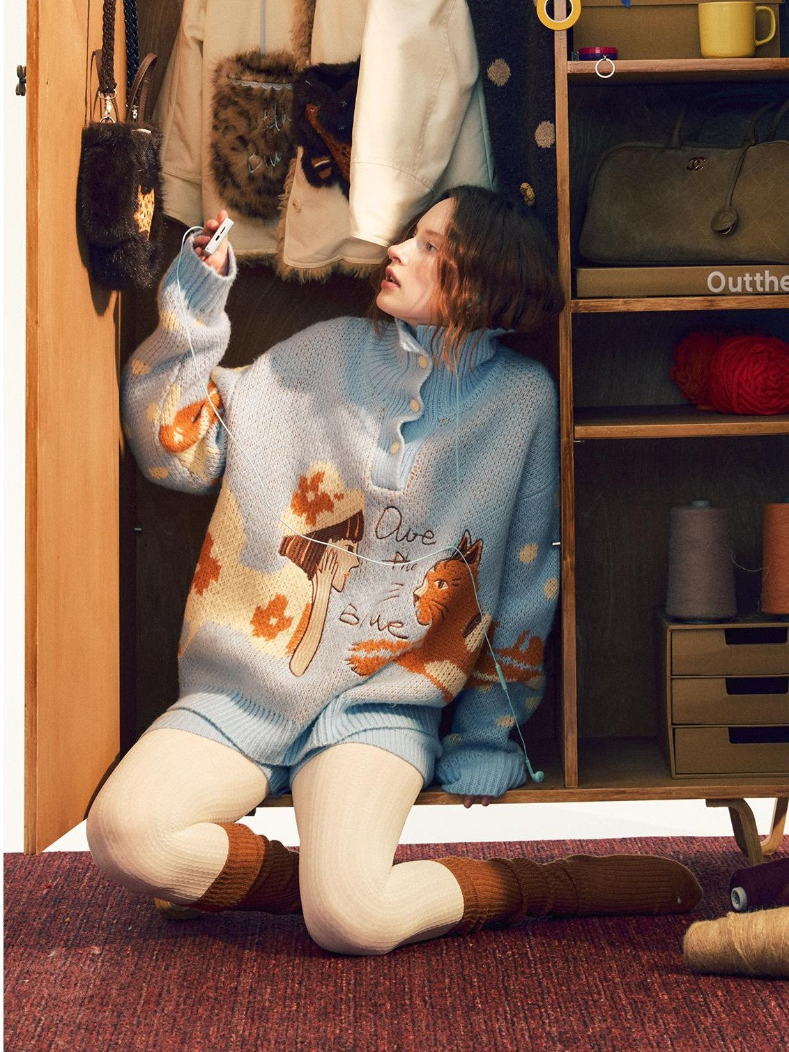 OuttheBlue Blue Polka Dot Color Block Turtleneck Wool Knit Women&