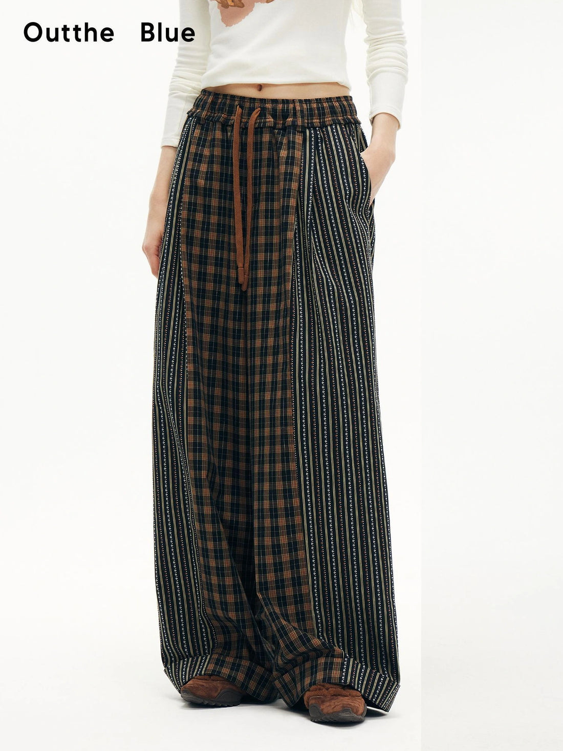 OuttheBlue Blue Stripe Check Wide Leg Pants